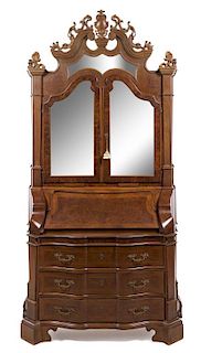 A Baroque Style Burlwood Secretary Bookcase Height 97 1/2 x width 48 x depth 21 1/2 inches.