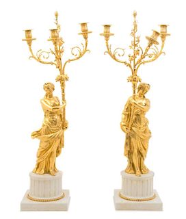 A Pair of Continental Gilt Bronze and Marble Figural Candelabra Height 35 inches.