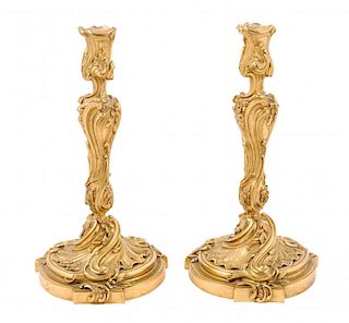 A Pair of Louis XV Style Gilt Bronze Candlesticks Height 12 1/2 inches.