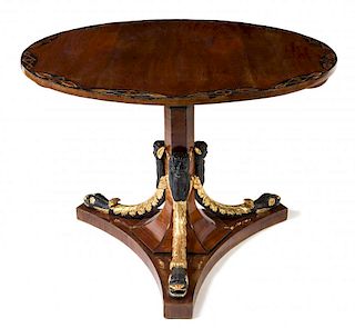 An Austrian Empire Parcel Gilt and Ebonized Cherry Center Table Height 30 x diameter of top 43 inches.