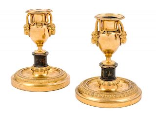 A Pair of Empire Gilt Bronze Candlesticks Height 5 inches.
