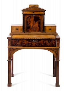 A Biedermeier Burlwood and Stenciled Lady's Desk Height 50 1/2 x width 33 3/4 x depth 21 inches.