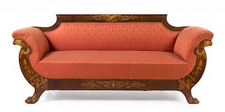 A Biedermeier Fruitwood, Marquetry and Mahogany Sofa Height 38 1/2 x width 88 x depth 23 3/4 inches.