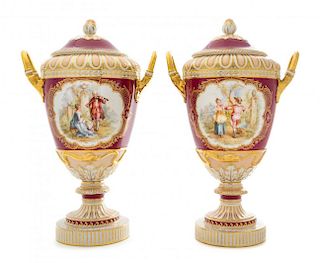A Pair of Berlin (K.P.M.) Porcelain Urns Height 17 1/2 inches overall.