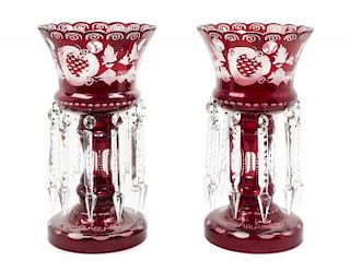 A Pair of Bohemian Glass Girondoles Height 12 5/8 inches.