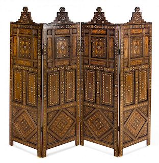 A Syrian Parquetry and Mother-of-Pearl Inlaid Four-Panel Floor Screen Height 70 x width 79 inches.
