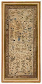 A Chinese Embroidered Silk Rectangular Panel 22 1/2 x 11 inches (framed).