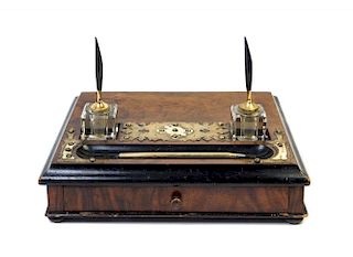 A Regency Brass Inlaid Burlwood Ink Stand Width 11 7/8 inches.