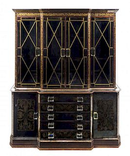 A Regency Style Reverse-Painted Glass Mounted Breakfront Bookcase Height 80 x width 66 x depth 18 inches.