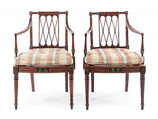 A Pair of Sheraton Style Painted Mahogany Armchairs Height 33 1/2 inches.
