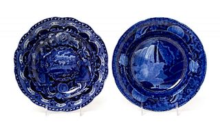 Two Staffordshire Blue and White Commemorative Soup Plates Diameter 10 3/8 inches.