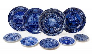 A Group of Nine American Historical Staffordshire Pottery Dishes Diameter of largest 10 3/8 inches.