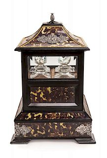 A Victorian Silver and Faux Tortoise Shell Mounted Ebonized Tantalus Height 21 1/2 x width 14 x depth 14 inches.