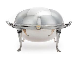 An English Silver-Plate Bacon Warmer, Harrison Brothers & Howson, Sheffield, the ovoid body raised on four tapering legs endi