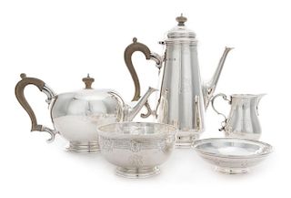 A George V Silver Five-Piece Tea and Coffee Service, Crichton Bros., London, 1922, comprising a teapot, coffee pot, creamer,