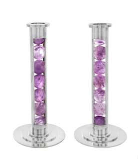 A Pair of English Silver and Amethyst Candlesticks, Paul Belvoir, London, 2007, each of cylindrical column form enclosing sev