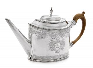 An American Silver Teapot, William Ball, Baltimore, Circa 1795, having a knopped urn form finial above the oval body with a w