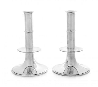 A Pair of Danish Silver Candlesticks, Retailed by Tiffany & Co., 20th Century, each with a knopped stem, raised on a circular