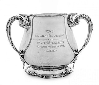 An American Silver Three-Handled Trophy Cup of Yale University Interest, Gorham Mfg. Co., Providence, RI, 1900, having a flar