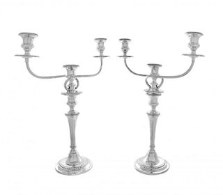 A Pair of American Silver Three-Light Candelabra, Gorham Mfg. Co., Providence, RI, each having a central urn form cup with ga