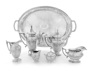 An American Silver Seven-Piece Tea and Coffee Service, Gorham Mfg. Co., Providence, RI, 1927, Maintenon pattern, comprising a