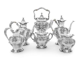 An American Silver Six-Piece Tea and Coffee Service, Reed & Barton, Taunton, MA, pattern 120, comprising a water kettle on st