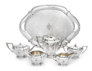 An American Silver Six-Piece Tea and Coffee Service, Watson Co., Attleboro, MA, comprising a teapot, coffee pot, creamer, cov