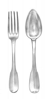 An Assembled Group of French Silver Flatware, Various Makers, comprising 5 soup spoons and 6 dinner forks, each having a fidd