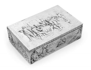 A German Silver Table Casket, , the lid having repousse decoration depicting a tavern scene, the sides worked to show various