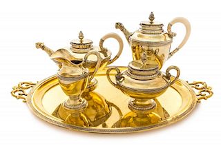A German Silver-Gilt Five-Piece Tea and Coffee Service, Bruckmann & Sohne, Heilbronn, comprising a teapot, coffee pot, creame