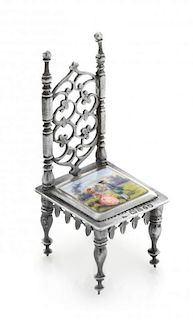 A Continental Silver and Enameled Miniature Gothic Revival Side Chair, Likely Dutch with English Import Marks, having a pierc