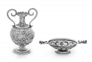A Group of Two Continental Silver Miniature Articles, Various Makers, comprising a handled dish and a vase.