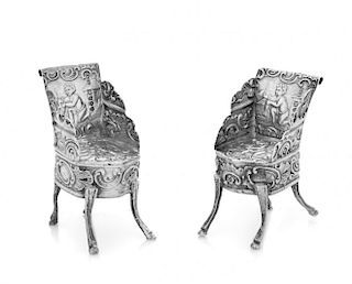 A Pair of Continental Silver Miniature Chairs, Likely Norwegian with English Import Marks, each worked to show C-scroll, foli