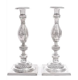 A Pair of Continental Silver Candlesticks, Likely Dutch, Hallmarks Obscured, each having a bulbous, knopped stem with engrave