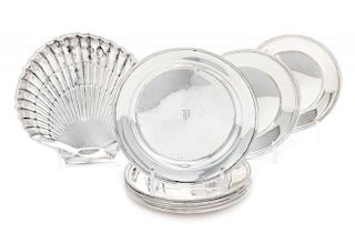 A Group of American Silver Articles, Various Makers, comprising nine circular bread plates, each marked Sterling; a monogramm