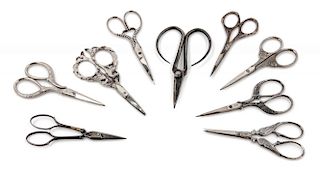 A Collection of Steel Embroidery Scissors Length of longest 4 inches.