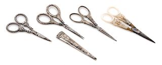 Three Pairs of Silver-Handled Embroidery Scissors Length of longest 3 5/8 inches.