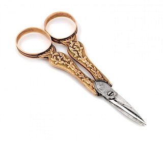A Pair of French 18 Karat Gold Handled Scissors Length 3 5/8 inches.