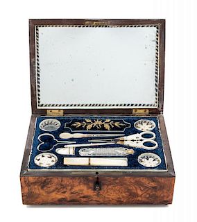 A Palais Royal Burlwood Needlework Box Width 8 5/8 inches.