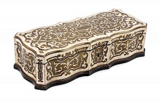A Napoleon III Boulle Marquetry Needlework Box Width of box 10 3/8 inches.