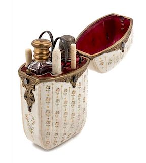 A Tooled White Leather Cased Etui Height 4 1/8 inches.