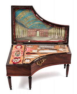 A Palais Royal Mahogany "Piano" Needlework Box Width 11 1/2 inches.