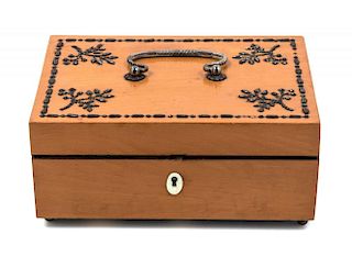 A Palais Royal Fruitwood Needlework Box Width of case 7 1/2 inches.