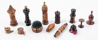 A Collection of Turned Wood Needlework Articles Height of largest 4 5/8 inches.