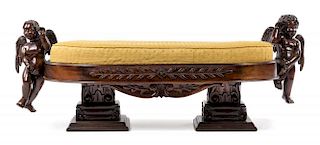 A Victorian Style Carved Mahogany Bench Height 25 x width 72 x depth 19 1/2 inches.