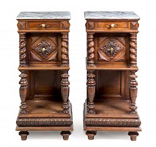 A Pair of Renaissance Revival Mahogany Night Tables Height 38 x width 17 x depth 16 1/4 inches.
