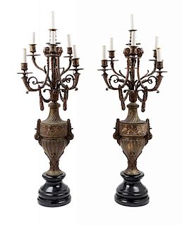 A Pair of Continental Bronze Candelabra Height 39 inches.