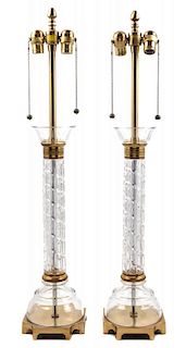 A Pair of Gilt Metal Mounted Cut Glass Lamps Height overall 34 1/4 inches.