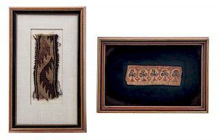 A Pair of Framed Textile Fragments Largest 12 3/4 x 7 3/4 inches.