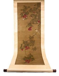 Chinese Scroll Painting w/Lychee Fruit & Birds